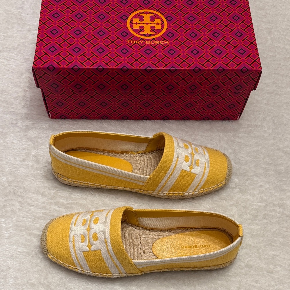 Tory Burch Double T Jacquard Espadrille - Mellow Yellow / Ash White MSRP $198